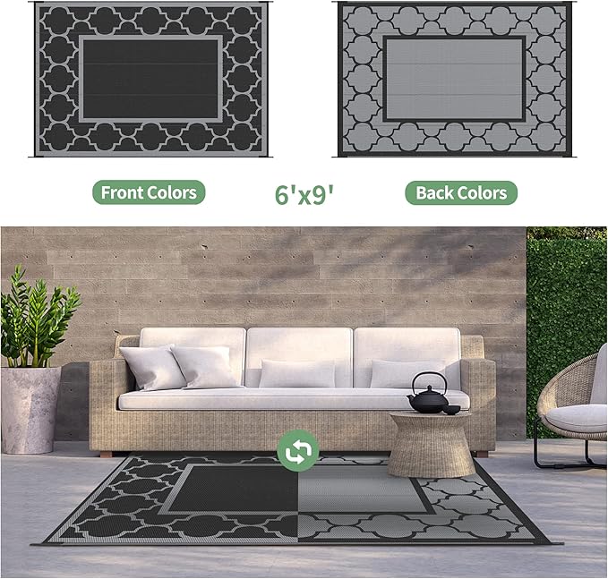 GENIMO Outdoor Rug Waterproof for Patio Decor, 6'x9' Reversible Plastic Straw Rug Carpet, Camping Mats for Outdoor, RV, Backyard, Deck, Balcony, Picnic, Black & Grey-HomvellaHome