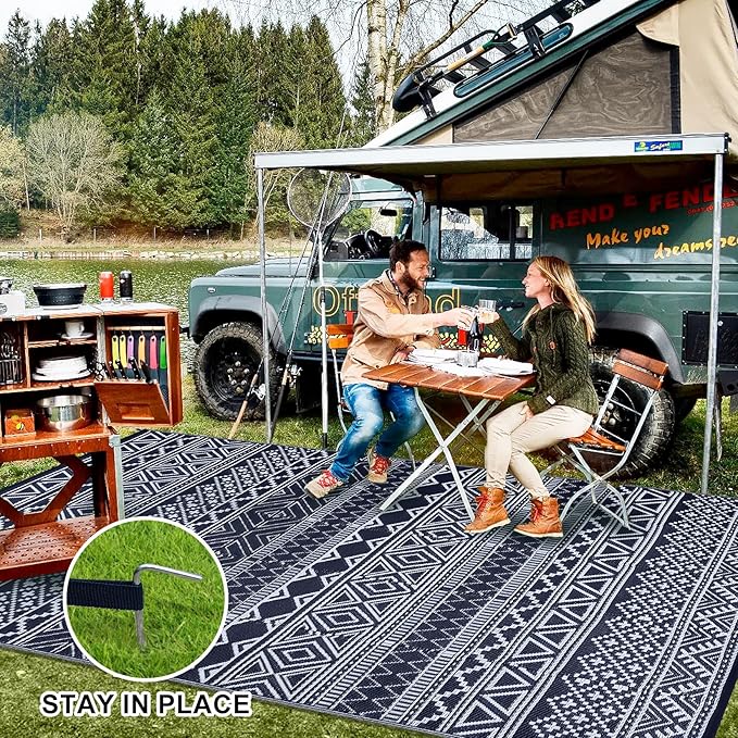 GAOMON Outdoor Rug 9'x12' Waterproof Rug for Patio Decor, Foldable Reversible Plastic Straw Area Rugs Mat for Camper, Outside Carpet for Deck, Porch, Picnic, Beach, Dark Blue/White(Bohemia)-HomvellaHome