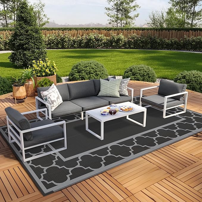 GENIMO 9' x 18' Outdoor Rug Waterproof for Patio, Foldable Reversible Plastic Straw Area Rugs Mat for Rv Decor, Outside Carpet for Camper, Deck, Picnic, Beach, Balcony, Porch, Black & Grey-HomvellaHome