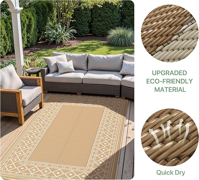 GENIMO Outdoor Rug 5'x8' Waterproof for Patio Decor, Reversible Outdoor Plastic Straw Rug Carpet, Camping Mats for Outdoor, RV, Backyard, Deck, Balcony, Picnic, Brown & Beige-HomvellaHome