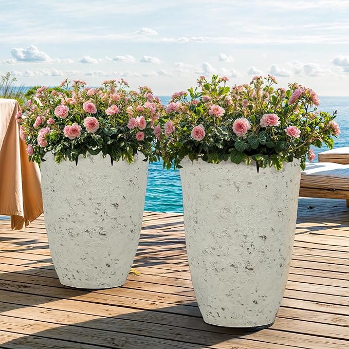 19.5" Resin Tall Planters for Outdoor Plants, Set of 2 Country White Large Flower Pots with Handmade Birch Bark Texture, Heavy-Duty and Weather-Resistant for Year Round Indoor Outdoor use-HomvellaHome