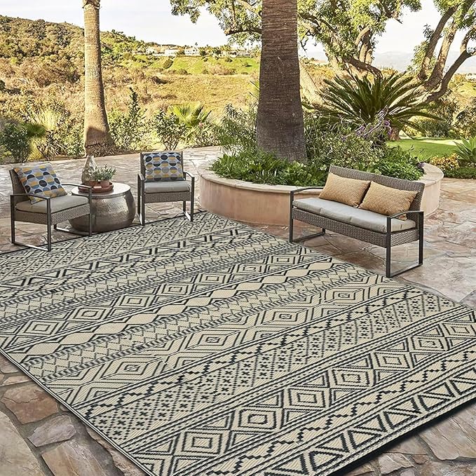 GAOMON Outdoor Rug for Patio Clearance 5x8 Reversible Plastic Straw Patio Rug for Camping Stain & UV Resistant RV Mats for Porch, Deck, Backyard, Camper, Balcony, Picnic, Black&Brown-HomvellaHome
