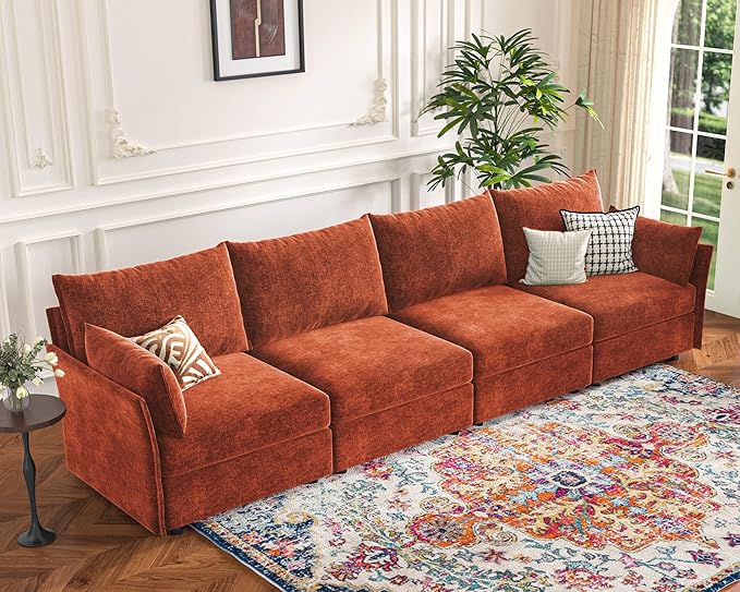 134.6" Modular Sectional Sofa, Oversized 4 Seater Terracotta Orange Couch with Removable Chenille Fabric Cover, Deep Seat & High Backrest for Living Room, Office & Apartment-HomvellaHome