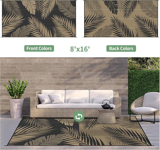GENIMO Outdoor Rug 8' x 16' Waterproof for Patios Clearance, Reversible Outdoor Plastic Straw Camping Rug Carpet, Large Area Rugs Mats for RV, Camper, Deck, Balcony, Porch, Beach, Picnic, Black&Brown-HomvellaHome