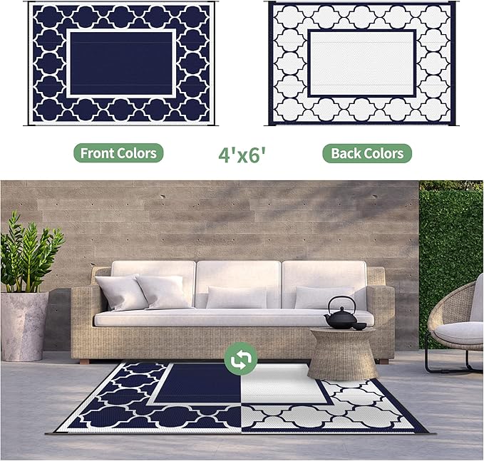 GENIMO 4' x 6' Outdoor Rug Waterproof for Patio Decor, Foldable Reversible Plastic Straw Area Rugs Mat for Camper, Outside Carpet for Rv, Deck, Porch, Picnic, Beach, Balcony, Blue & White-HomvellaHome