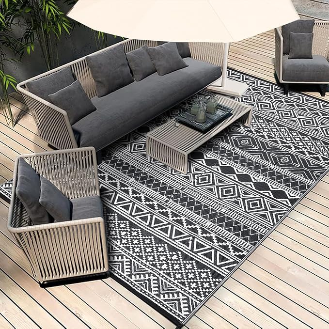 GAOMON Outdoor Rug for Patio 5'x8' Reversible Plastic Rugs Camping Mat for Outdoor, RV, Backyard, Deck, Balcony, Picnic, Beach, Black/White(Bohemia)-HomvellaHome
