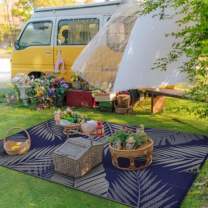 GENIMO Outdoor Rug 6' x 9' Waterproof for Patios Clearance, Reversible Outdoor Plastic Straw Camping Rug Carpet, Large Area Rugs Mats for RV, Camper, Deck, Balcony, Porch, Beach, Picnic Navy Blue&Grey-HomvellaHome