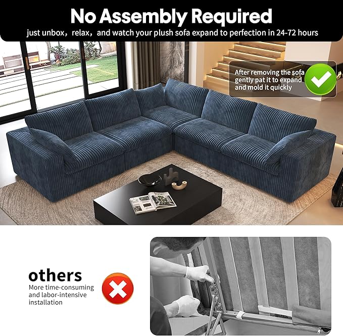 118" V Shaped Corner Modern Sofa Modular Sectional Cloud Couch,Deep Seat Upholstered Couches with Plush Corduroy Fabric for Living Room Furniture,Bedroom and Apartment,No Assembly Required,Blue-HomvellaHome