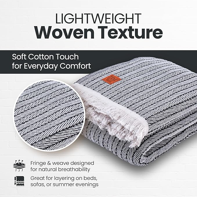 Gold Case Throw Blanket for Bed – 100% Recycled Turkish Cotton Bed Blanket – Decorative Throw Cotton Blankets for Living Room & Bedroom – Woven Twin Blankets - 71x90 - Black-HomvellaHome