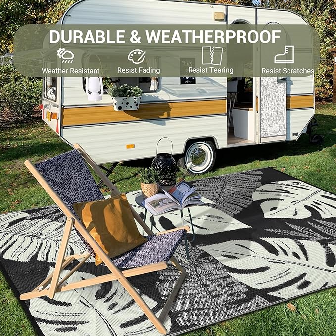 GAOMON Waterproof 8x10 Outdoor Rug Reversible Plastic Straw Rug Modern Patio Carpet, Foldable Lightweight RV Camping Mat with Portable Bag & 4 Stakes, UV Resistant & Sturdy for Picnic, Beige-HomvellaHome