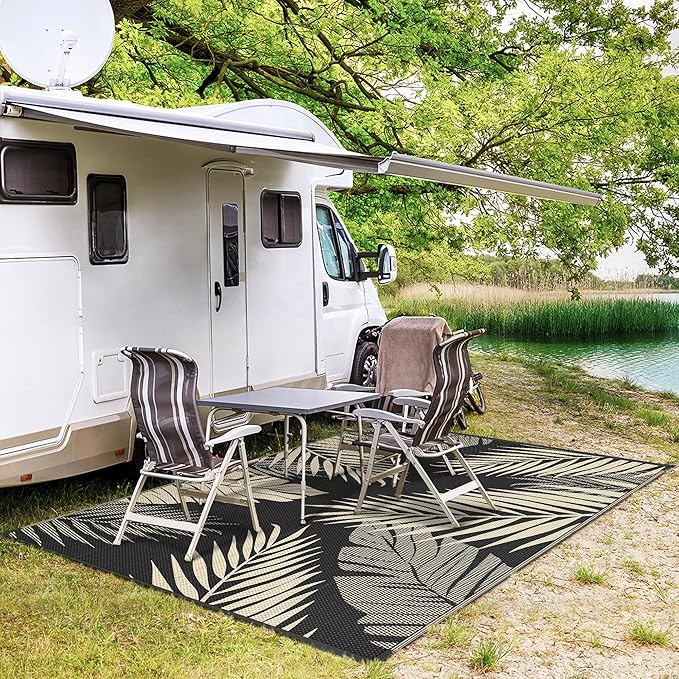 GENIMO Outdoor Rug 9' x 12' Waterproof for Patios Clearance, Reversible Outdoor Plastic Straw Camping Rug Carpet, Large Area Rugs Mats for RV, Camper, Deck, Balcony, Porch, Beach, Picnic, Black&Beige-HomvellaHome