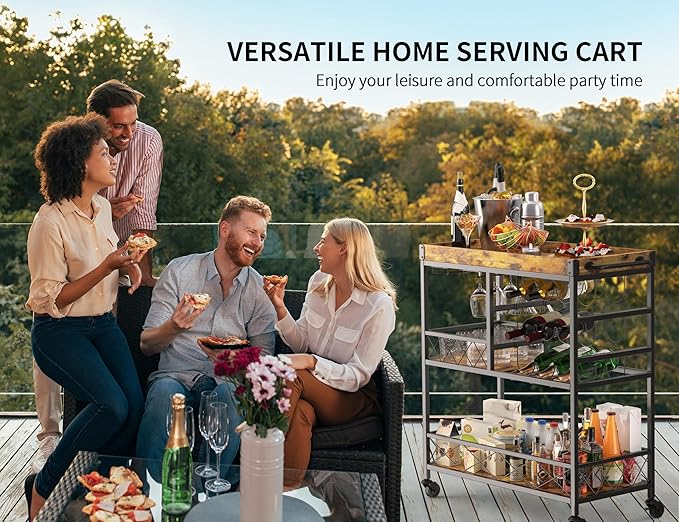 Gizoon Bar Cart, 3 Tier Coffee Cart with Lockable Wheels, 12-Bottle Wine Rack, and Hanging Glass Holder, Kitchen Rack with Removable Tray, for Kitchen, Dining Room, Entertaining, Club Party,Retro-HomvellaHome