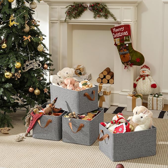 GRANNY SAYS Closet Storage Baskets, Collapsible Fabric Storage Bins with Metal Frame, Clothes Organizer Bins, Large Baskets for Shelves, Gray, 4-Pack-HomvellaHome