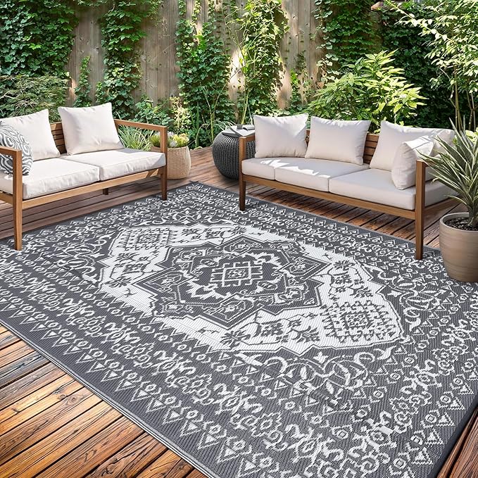 GAOMON Outdoor Patio Rug 9x12 Waterproof Reversible Plastic Straw Rug, Large UV-Resistant Portable RV Camping Mats, Indoor Outdoor Rugs for Outside Deck Porch Garden RV, Gray & White-HomvellaHome