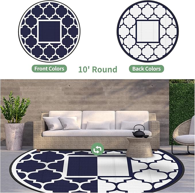 GENIMO 10 ' Round Outdoor Rug for Patio, Waterproof Indoor Outdoor Plastic Straw Rugs Carpet, Reversible Outside Area Mat for Camping, Balcony Porch, Deck, Picnic, Blue White-HomvellaHome