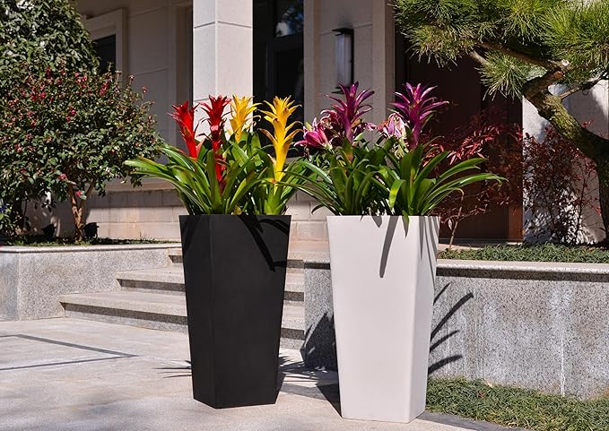 GreenShip 27" Tall Planters, Set of 2 – Black Outdoor Planter for Front Porch & Tall Plants, Weather-Resistant, with Drainage Hole & Rubber Plug (No Plants Included) (White-2pcs)-HomvellaHome