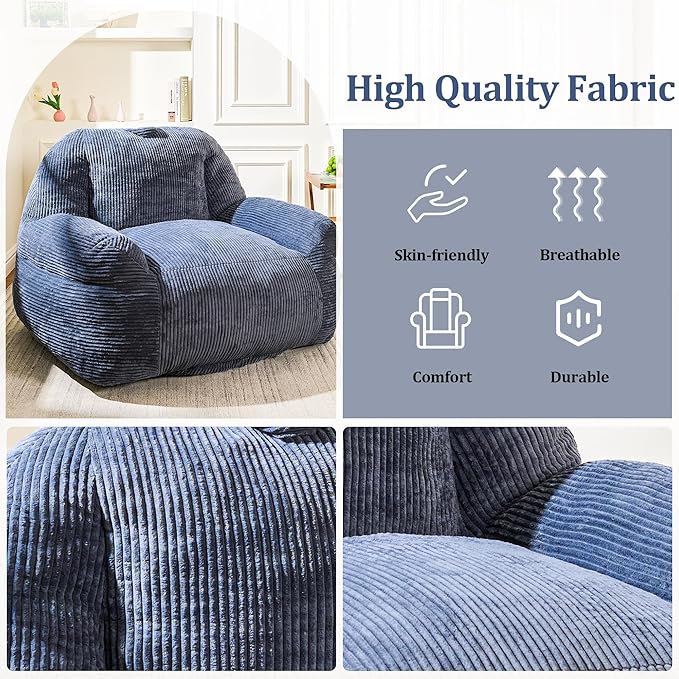 Giant Bean Bag Chair, Faux Fur Bean Bag Chair for Adults, Fluffy and Comfy Bean Bags with Filler, Big Bean Bag Sofa Chair for Reading, Gaming, Stuffed High-Density Foam, Grey-HomvellaHome