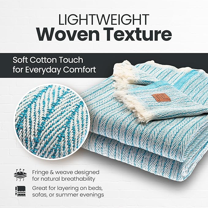 Gold Case Throw Blanket for Couch – 100% Recycled Turkish Cotton Blankets – Elegant Decorative Throw Blankets for Living Room Sofa – Woven Throws for Couch – Vintage Turquoise– 50x60 (Set of 2)-HomvellaHome