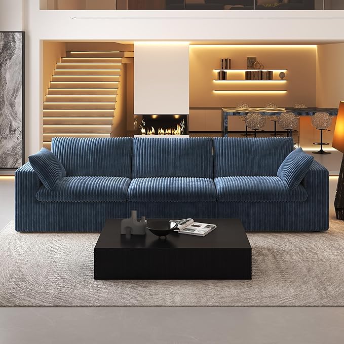118" 3-Seater Cloud Sofa,Modular Sectional Couch,Modern Deep Seat Upholstered Couches with Plush Corduroy Fabric for Living Room Furniture,Bedroom and Apartment,No Assembly Required,Blue-HomvellaHome