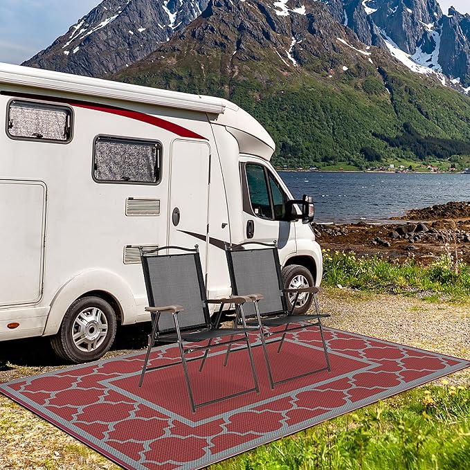 GENIMO 6' x 9' Outdoor Rug Waterproof for Patio Decor, Foldable Reversible Plastic Straw Area Rugs Mat for Camper, Outside Carpet for Rv, Deck, Porch, Picnic, Beach, Balcony, Red & Grey-HomvellaHome