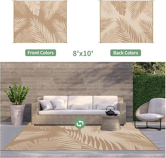 GENIMO Outdoor Rug 8' x 10' Waterproof for Patios Clearance, Reversible Outdoor Plastic Straw Camping Rug Carpet, Large Area Rugs Mats for RV, Camper, Deck, Balcony, Porch, Beach, Picnic, Brown&Beige-HomvellaHome