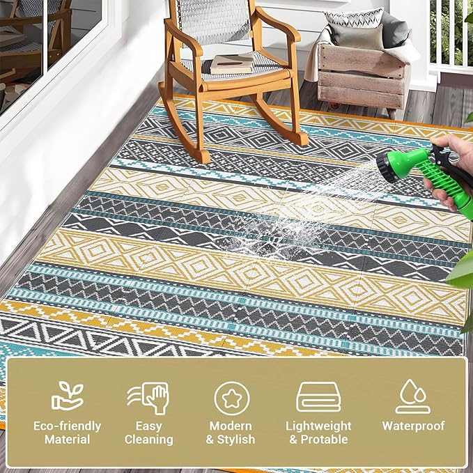 GAOMON Outdoor Rug 9'x12' Waterproof Rug for Patio Decor, Foldable Reversible Plastic Straw Area Rugs Mat for Camper, Outside Carpet for Deck, Porch, Picnic, Beach, Teal/Yellow(Bohemia)-HomvellaHome