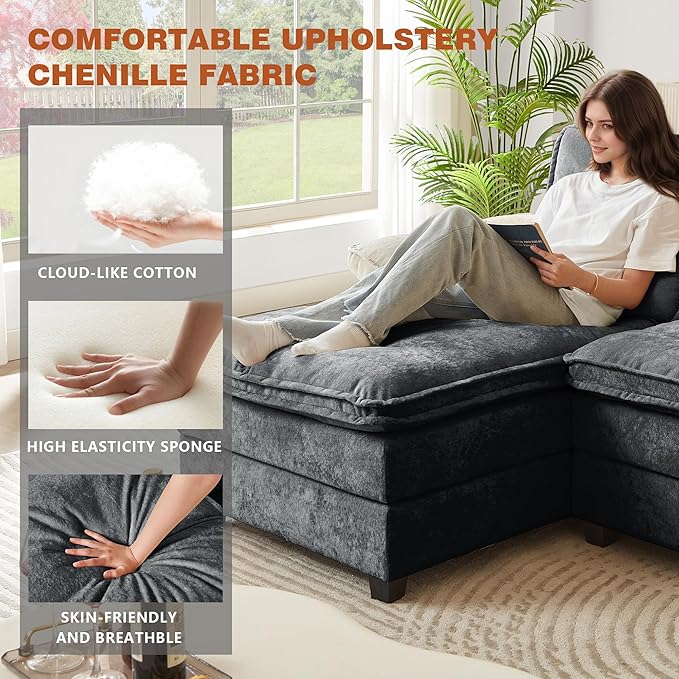 113" Oversized Cloud Couch, U Shape Sectional 4 Seat Sofa with Double Chaises, 2 Layer Cusions, Deep Seat Comfy Sofa, Upholstery Chenille Fabric for Living Room, Dark Grey-HomvellaHome