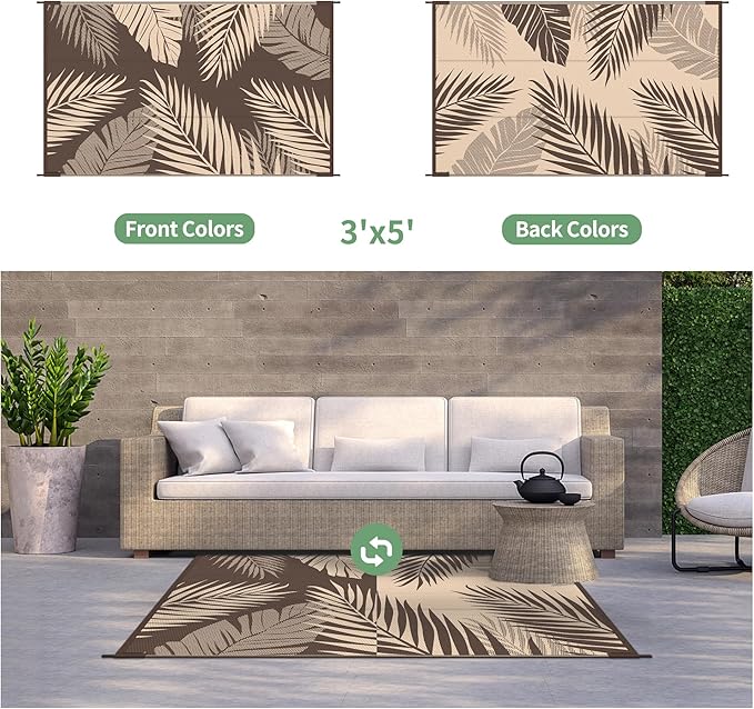 GENIMO Outdoor Rug 3' x 5' Waterproof for Patios Clearance, Reversible Outdoor Plastic Straw Camping Rug Carpet, Large Area Rugs Mats for RV, Camper, Deck, Balcony, Porch, Beach, Coffee&Beige-HomvellaHome