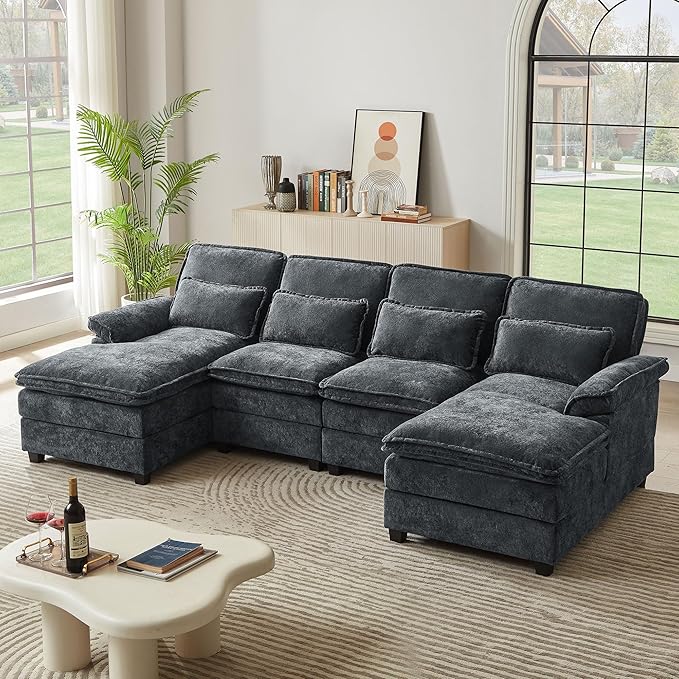 113" Oversized Cloud Couch, U Shape Sectional 4 Seat Sofa with Double Chaises, 2 Layer Cusions, Deep Seat Comfy Sofa, Upholstery Chenille Fabric for Living Room, Dark Grey-HomvellaHome