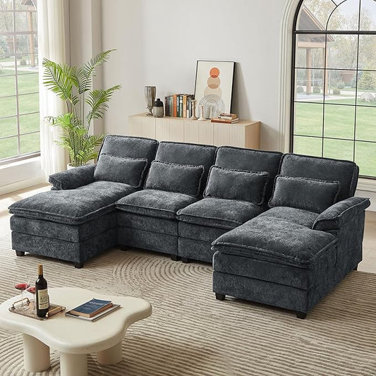 113" Oversized Cloud Couch, U Shape Sectional 4 Seat Sofa with Double Chaises, 2 Layer Cusions, Deep Seat Comfy Sofa, Upholstery Chenille Fabric for Living Room, Dark Grey-HomvellaHome