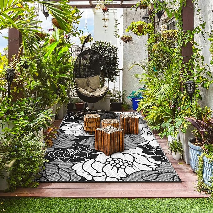 GENIMO Outdoor Rug Waterproof for Patio Decor, 8' x 10' Reversible Plastic Straw Floral Camping Carpet, Large Area Rugs Mats for RV, Camper, Deck, Balcony, Porch, Beach, Picnic, Mix-Black & White-HomvellaHome