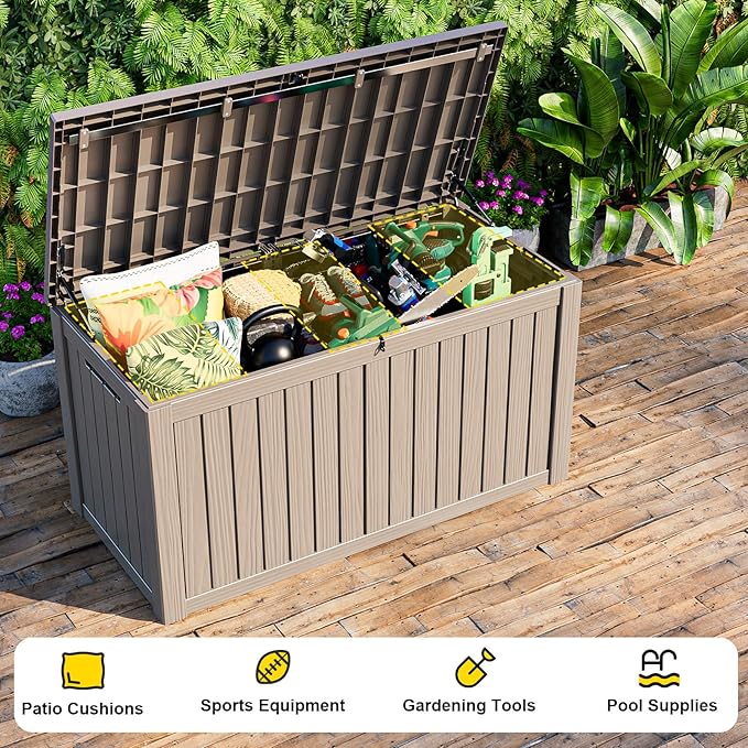 150 Gallon Deck Box,Resin Outdoor Storage Box with Lockable for Patio Furniture, Pool Accessories, Garden Tools Waterproof Outside Storage Box, Grey-HomvellaHome