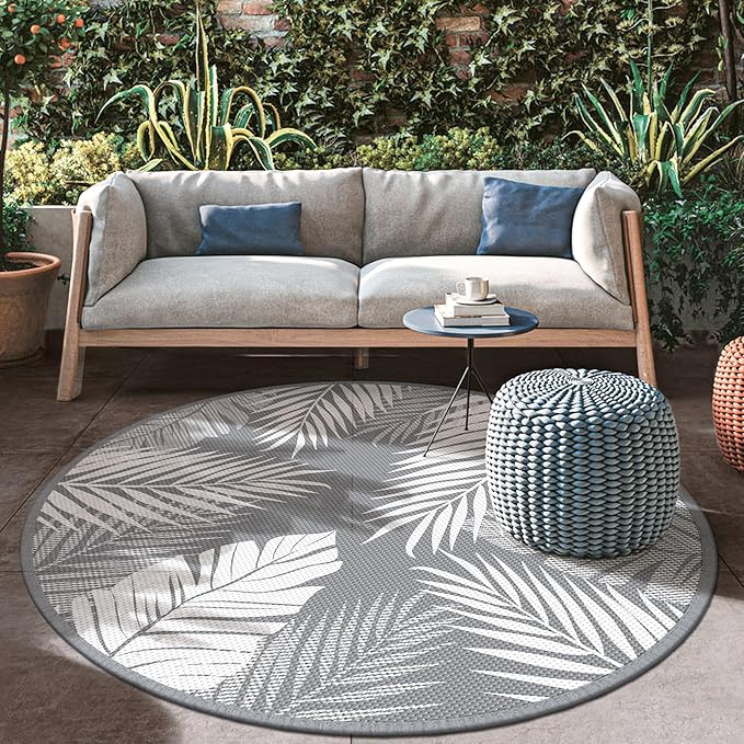 GENIMO Outdoor Rug 8' Round Waterproof for Patios Clearance, Reversible Outdoor Plastic Straw Camping Rug Carpet, Large Area Rugs Mats for RV, Camper, Deck, Balcony, Porch, Beach, Picnic, Grey&White-HomvellaHome