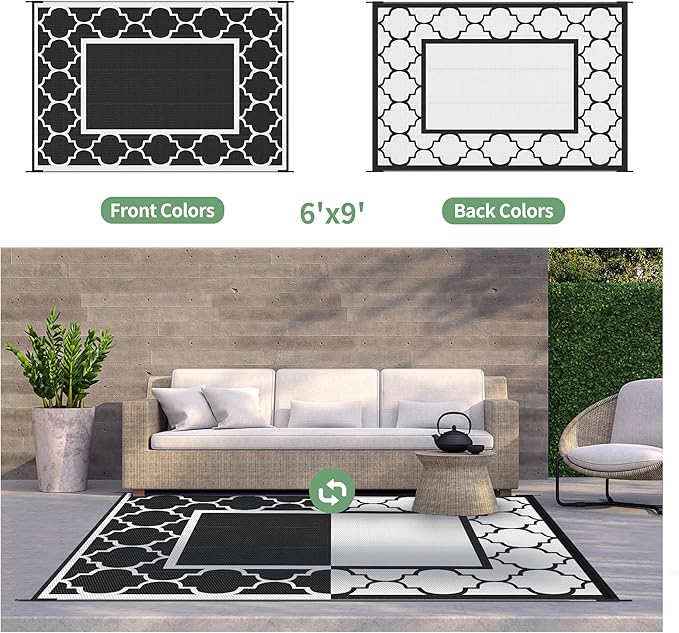 GENIMO 6' x 9' Outdoor Rug Waterproof for Patio Decor, Foldable Reversible Plastic Straw Area Rugs Mat for Camper, Morden Carpet for Outside, Rv, Deck, Porch, Picnic, Beach, Balcony, Black & White-HomvellaHome