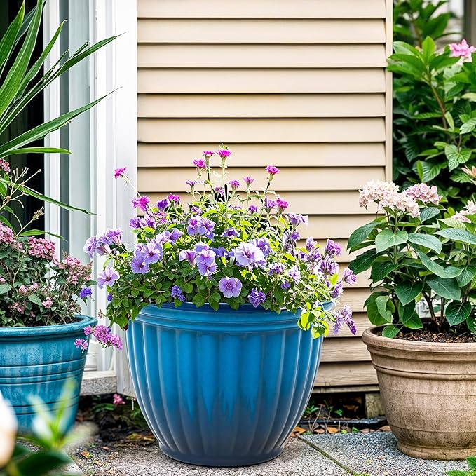 15" H Large Flower Pots, Set of 2 Plastic Planters for Outdoor Plants with Gradient Blue Finish and 3D Textures, Weather-Resistant for Porch, Garden, Patio or Indoor Use-HomvellaHome