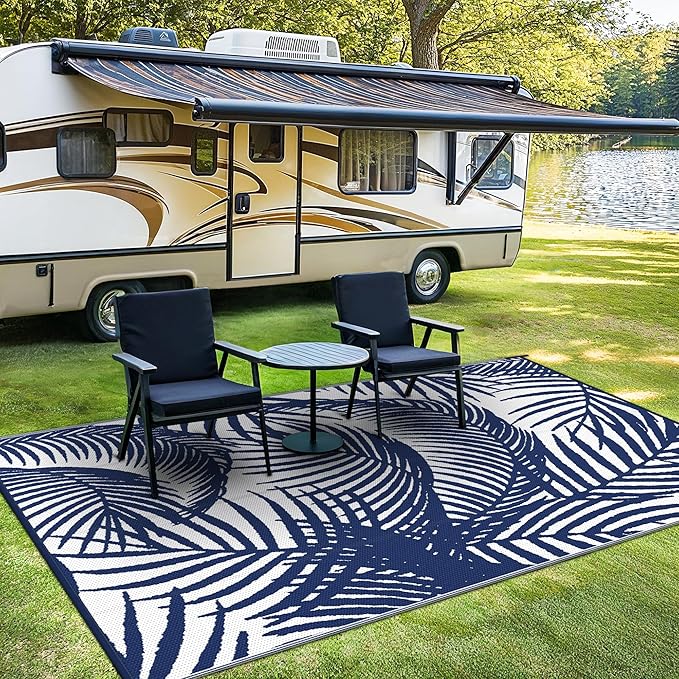 GENIMO Outdoor Rug 5' x 8' Waterproof for Patio Clearance, Reversible Plastic Straw Camping Carpet, Lightweight Mats for Rv, Backyard, Deck, Porch, Picnic, Beach, Balcony, Blue & White-HomvellaHome