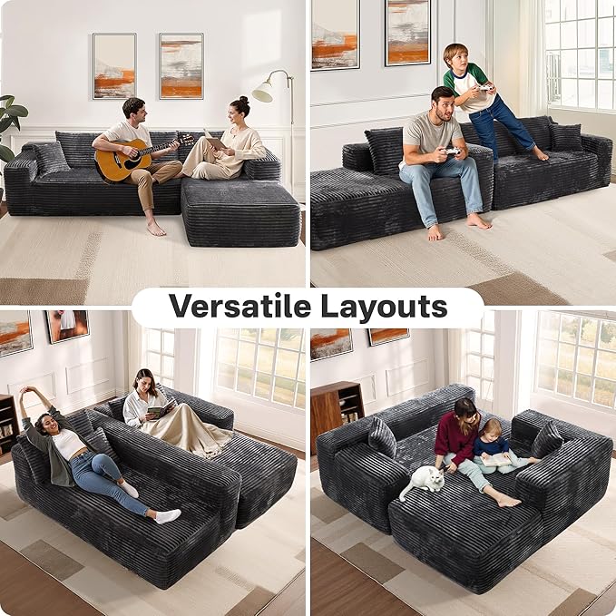 106" Cloud Sectional Couches for Living Room,Plush Corduroy Boneless Couch with Comfy Chaise,L Shaped Sofa in A Box No Assembly Require,Grey-HomvellaHome