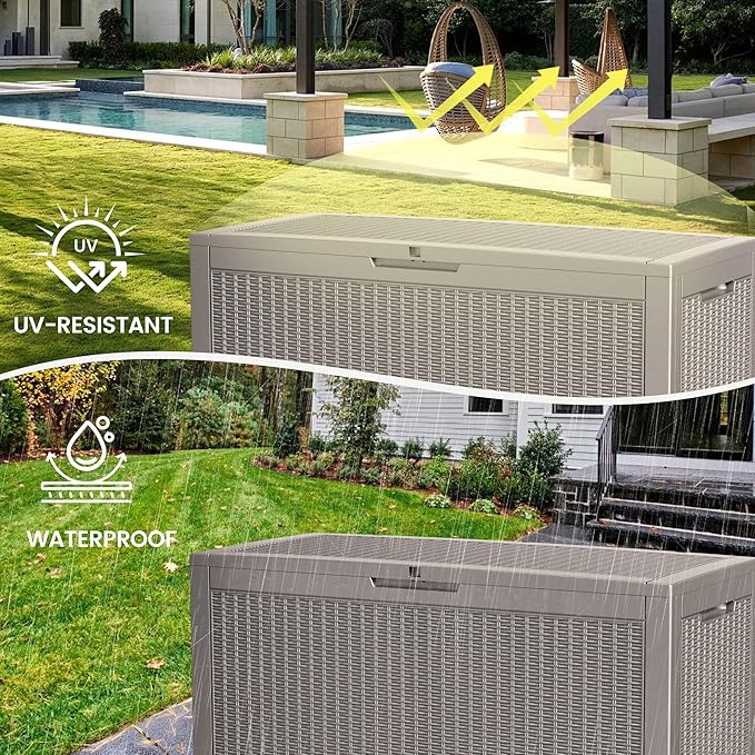 100 Gallon Storage Box, Waterproof Resin Deck Box with Hydraulic Piston Design, Lockable Storage Bench for Package Delivery, Storage Bin for Patio Cushions, Garden Tools, Grey-HomvellaHome