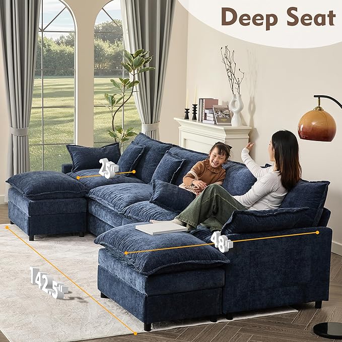 142.5" U Shaped Couch, Modular Sectional Sofa, 3-Seater Comfy Cloud Couch with Movable Ottoman, Deep Seat Couches for Living Room, Chenille, Navy-HomvellaHome