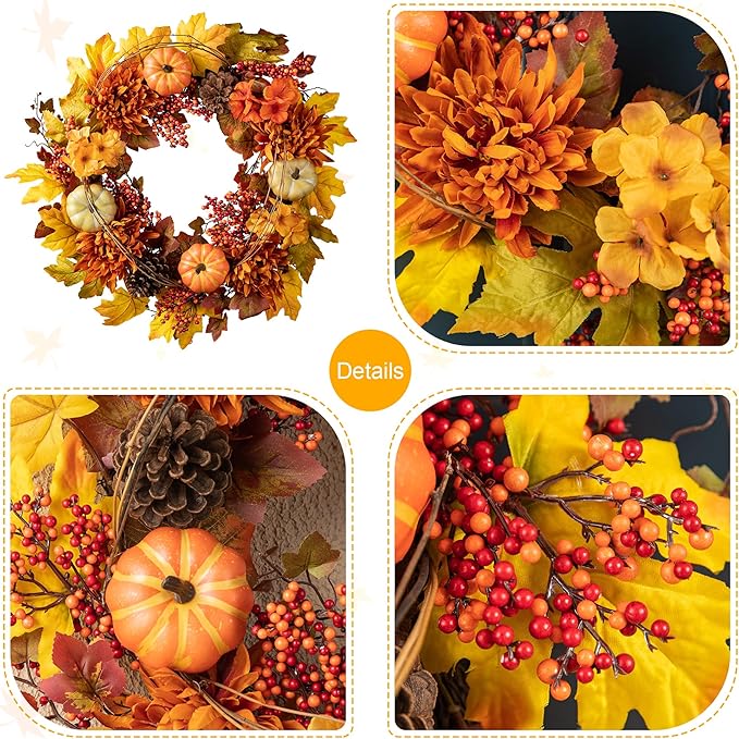 Glitzhome 24 inch Artificial Fall Wreath Decor, Autumn Maple Leaf Wreath for Front Door with Dahlia Pumpkin, Leaf and Berry Wreaths for Autumn Harvest Thanksgiving Halloween Decor-HomvellaHome
