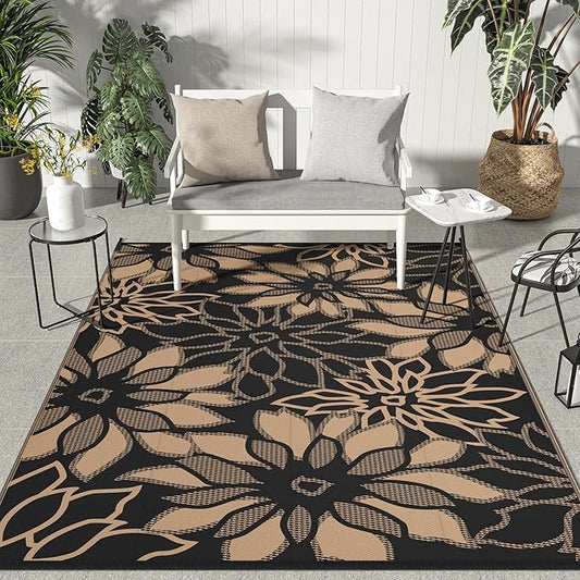 GENIMO Outdoor Rug Waterproof for Patio Decor, 8' x 10' Reversible Plastic Straw Floral Camping Carpet, Large Area Rugs Mats for RV, Camper, Deck, Balcony, Porch, Beach, Picnic, Black & Brown-HomvellaHome