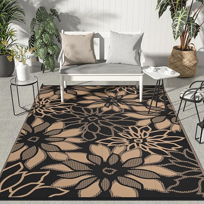 GENIMO Outdoor Rug Waterproof for Patio Decor, 9' x 12' Reversible Plastic Straw Floral Camping Carpet, Large Area Rugs Mats for RV, Camper, Deck, Balcony, Porch, Beach, Picnic, Black & Brown-HomvellaHome