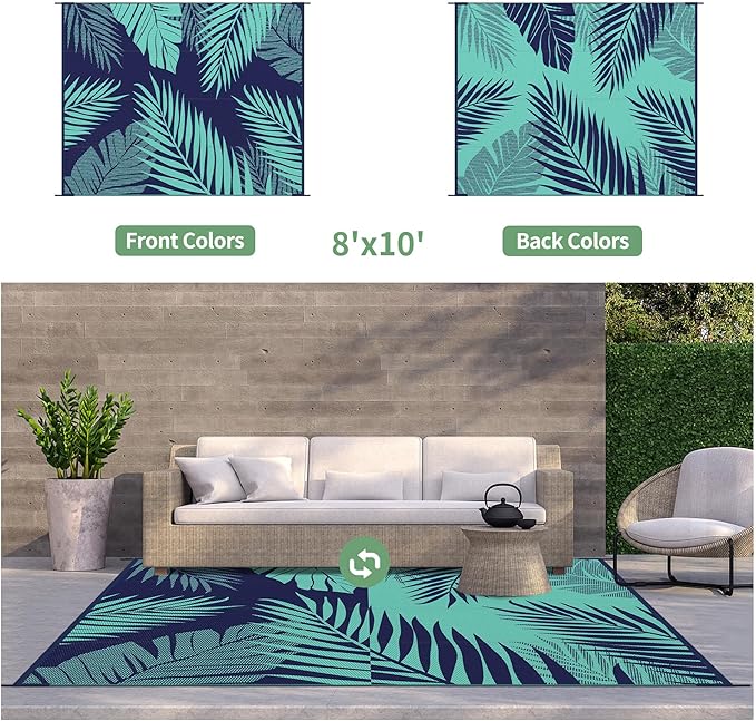 GENIMO Outdoor Rug 8' x 10' Waterproof for Patios Clearance, Reversible Outdoor Plastic Straw Camping Rug Carpet, Large Area Rugs Mats for RV, Camper, Deck, Balcony, Porch, Beach, Navy Blue&Jade Green-HomvellaHome