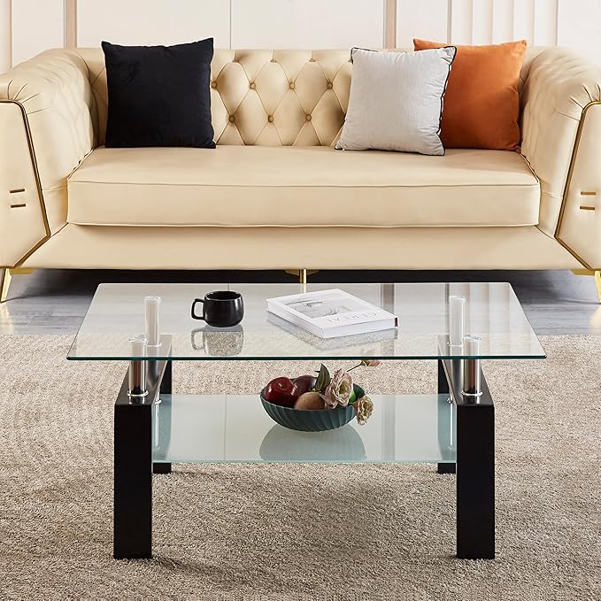 Glass Coffee Table for Living Room, 2 Layer Center Table with Clear Rectangle Tempered Glass Top Black Metal Leg, Mordern Home Office Furniture-HomvellaHome