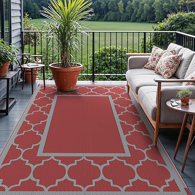 GENIMO 5' x 8' Outdoor Rug Waterproof for Patio Decor, Foldable Reversible Plastic Straw Area Rugs Mat for Camper, Outside Carpet for Rv, Deck, Porch, Picnic, Beach, Balcony, Red & Grey-HomvellaHome