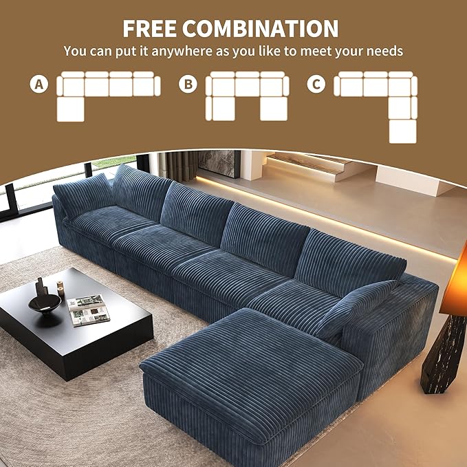 157.5" L Shaped Modern Sofa Modular Sectional Cloud Couch with Ottoman,Deep Seat Upholstered Couches with Corduroy Fabric for Living Room Furniture,Bedroom and Apartment,No Assembly Required,Blue-HomvellaHome