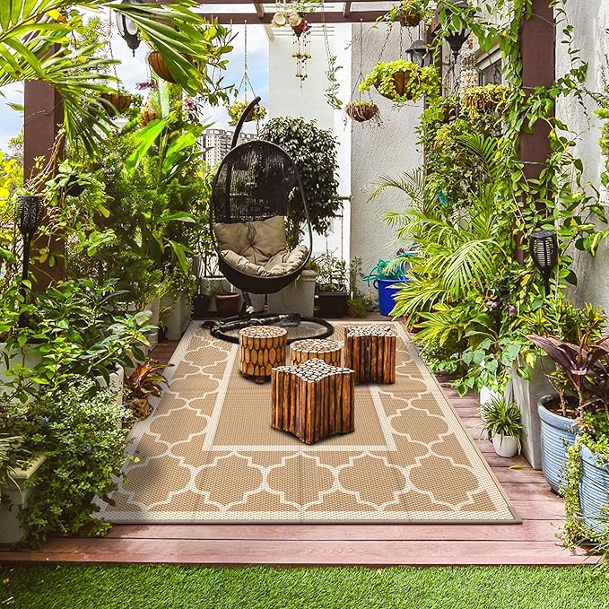 GENIMO 9' x 12' Outdoor Rug for Patio Clearance, Waterproof Indoor Outdoor Plastic Straw Rugs Carpet, Reversible Outside Area Rv Mat for Camping, Balcony Porch, Deck, Picnic, Beach (Brown & Beige)-HomvellaHome