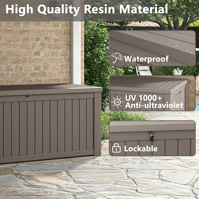 150 Gallon Resin Deck Box, Large Indoor and Outdoor Storage Box, Weatherproof and UV Resistant Outdoor Storage Box with Built-in Steel Beams for Patio, Cushions, Pool Supplies-HomvellaHome