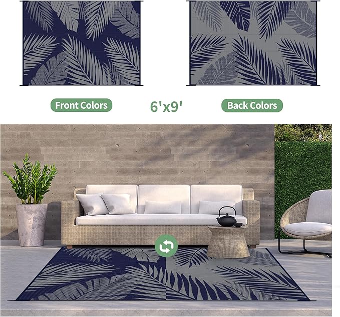 GENIMO Outdoor Rug 6' x 9' Waterproof for Patios Clearance, Reversible Outdoor Plastic Straw Camping Rug Carpet, Large Area Rugs Mats for RV, Camper, Deck, Balcony, Porch, Beach, Picnic Navy Blue&Grey-HomvellaHome