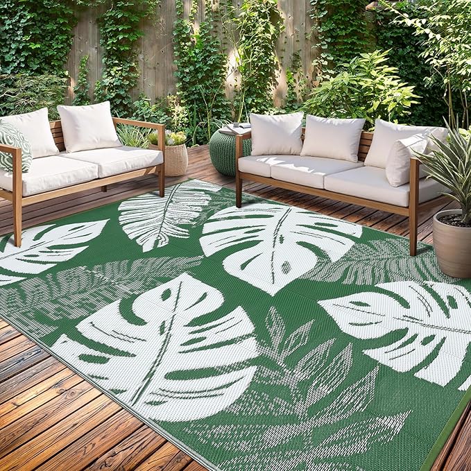 GAOMON Waterproof Plastic Straw Rug 9x12 Outdoor Patio Rug, Reversible Modern Camping Mat with Bag & Stakes, UV Resistant & Easy to Clean Outdoor Carpet for RV, Deck, Balcony, Green-HomvellaHome